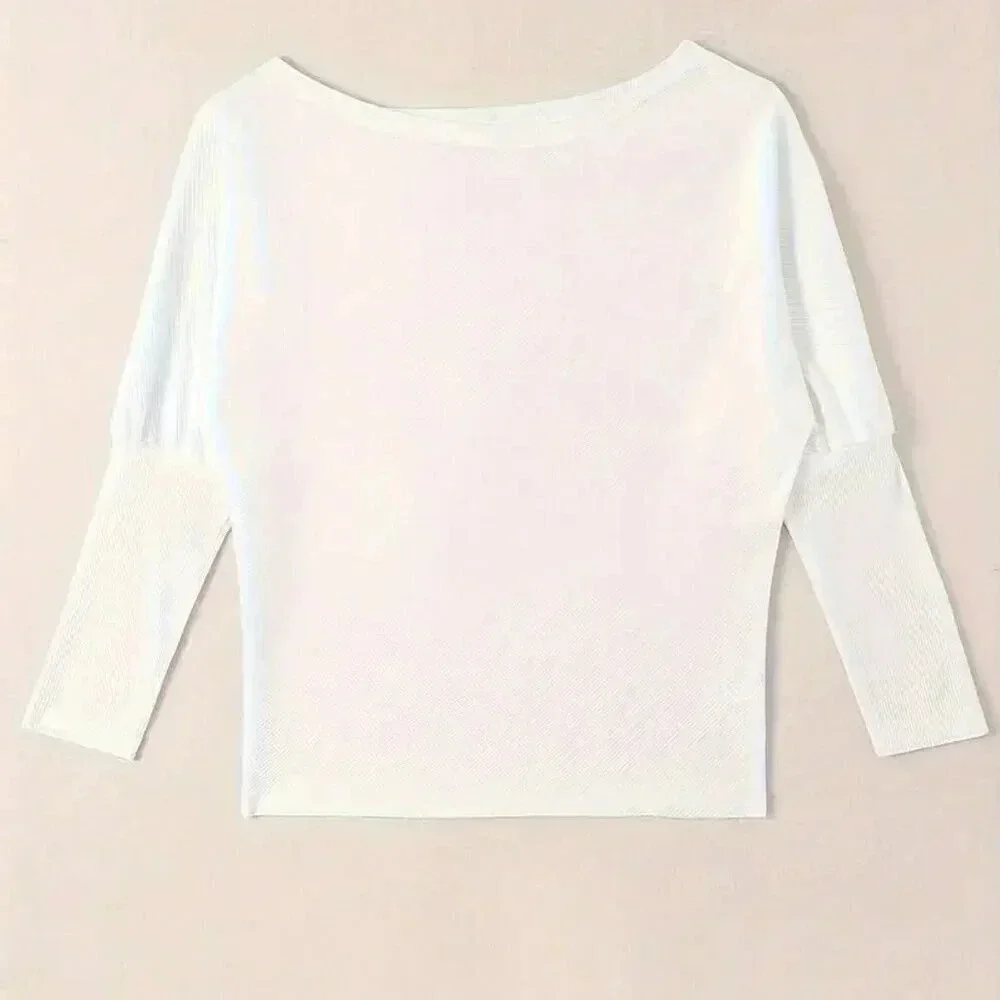 White Casual Women's Solid Color Asymmetrical Collar Batwing Long Sleeve T-Shirt - Picture 2 of 5
